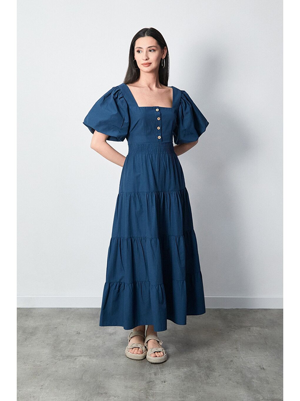 İndigo Beli Lastikli Sırtı Dekolteli Balon Kol Elbise-1