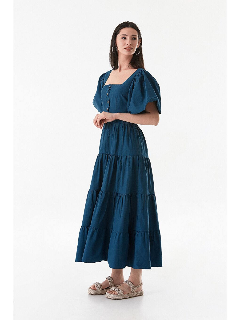 İndigo Beli Lastikli Sırtı Dekolteli Balon Kol Elbise-2