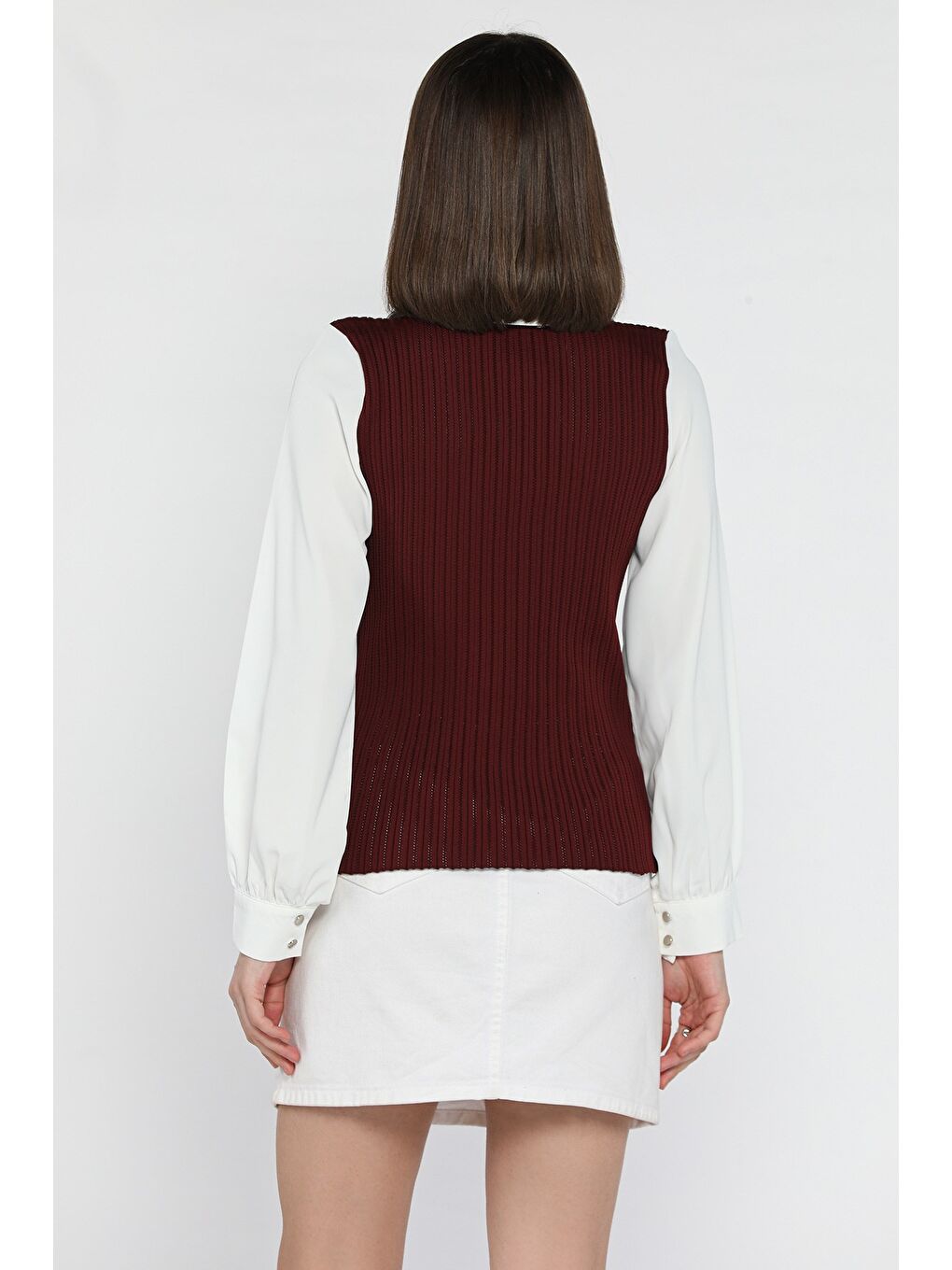 Bordo Gömlek Garnili V Yaka Kadın Fitilli Triko Bluz-3