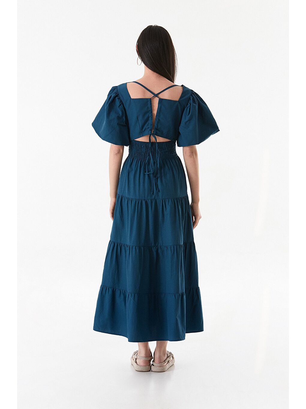 İndigo Beli Lastikli Sırtı Dekolteli Balon Kol Elbise-3