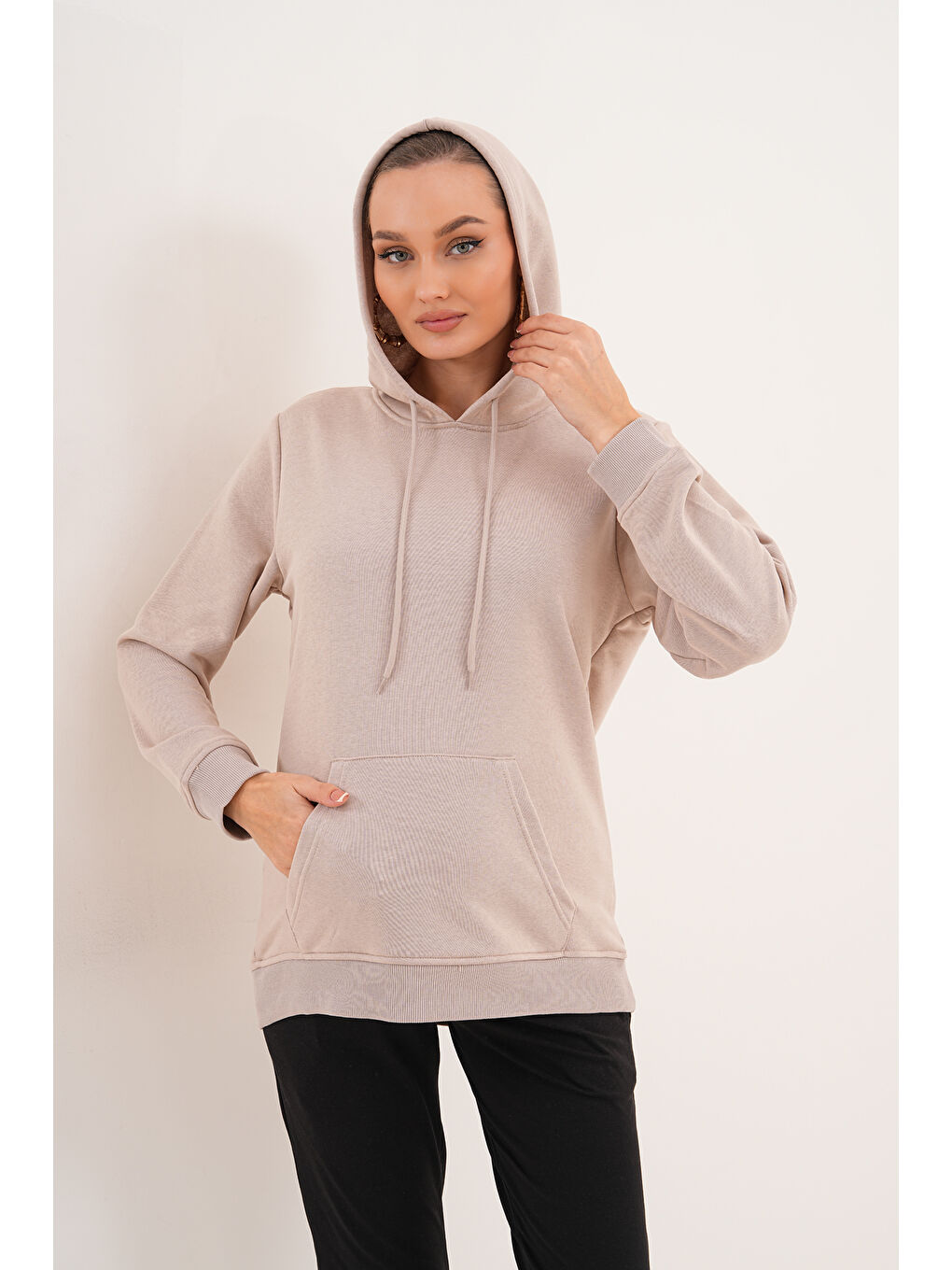 Ekru %100 Pamuk Hamile ve Lohusa Basic Kapüşonlu Sweatshirt-2