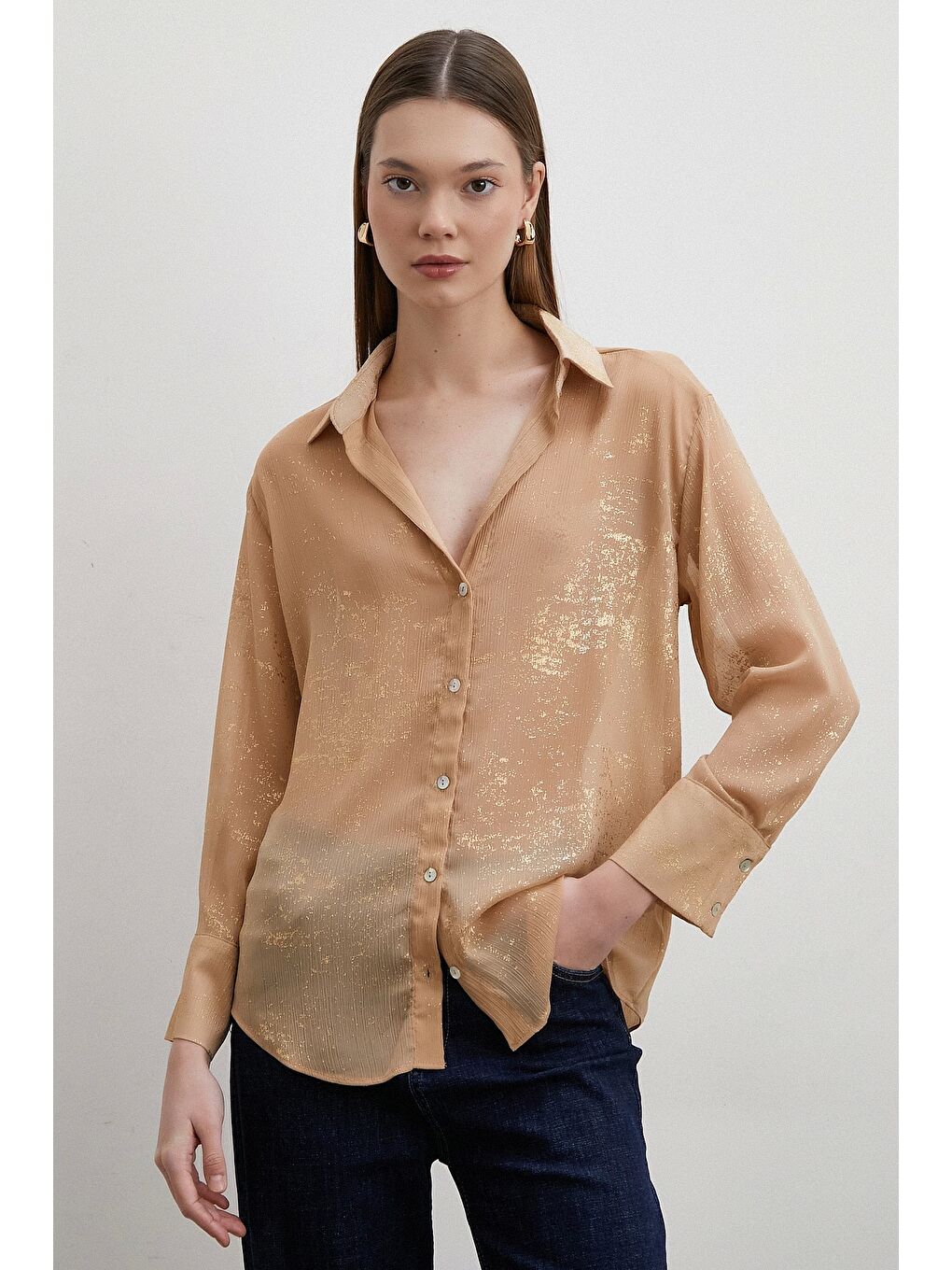 Karışık Simli V Yaka Gömlek Gold-3