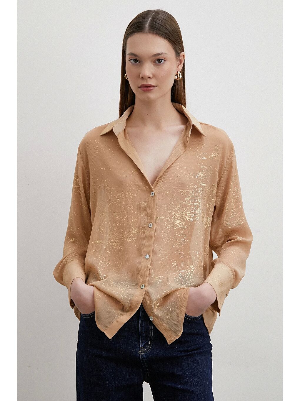 Karışık Simli V Yaka Gömlek Gold-4