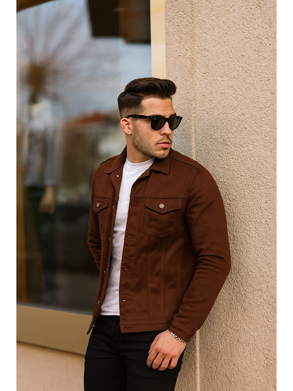 Kahverengi Erkek Trend Polo Yaka Slim Fit Denim Jeans Kahve Jean Ceket-4