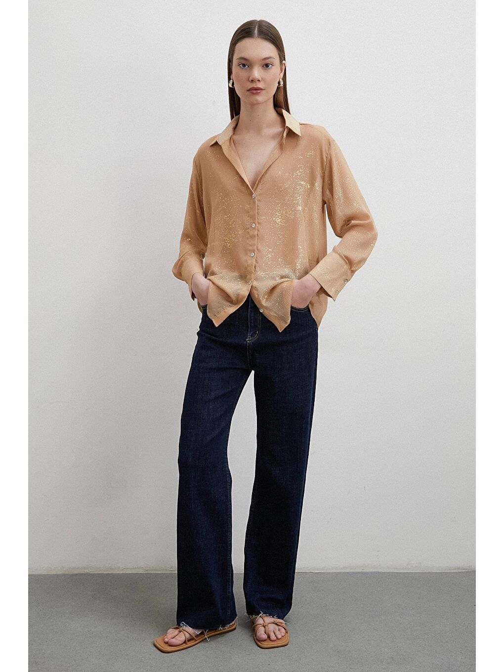 Karışık Simli V Yaka Gömlek Gold-5