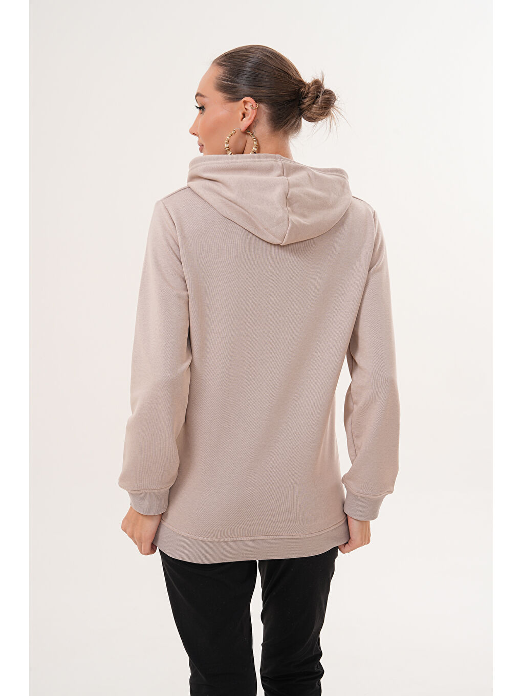 Ekru %100 Pamuk Hamile ve Lohusa Basic Kapüşonlu Sweatshirt-3