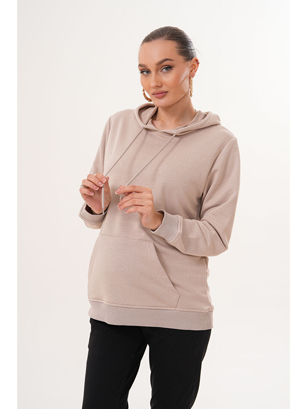 Ekru %100 Pamuk Hamile ve Lohusa Basic Kapüşonlu Sweatshirt-4