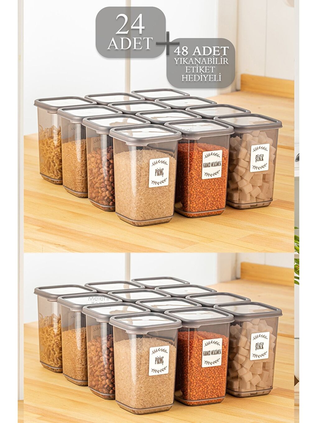 Gri 24'lü Set Etiketli Büyük Boy Kare Erzak Saklama Kabı Seti Antrasit 24 x 1 10 lt