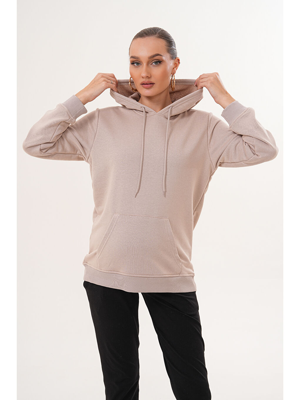 Ekru %100 Pamuk Hamile ve Lohusa Basic Kapüşonlu Sweatshirt-5