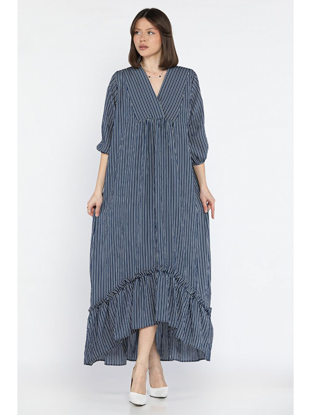 Lacivert Kadın İçlik Kombinli Dökümlü Elbise