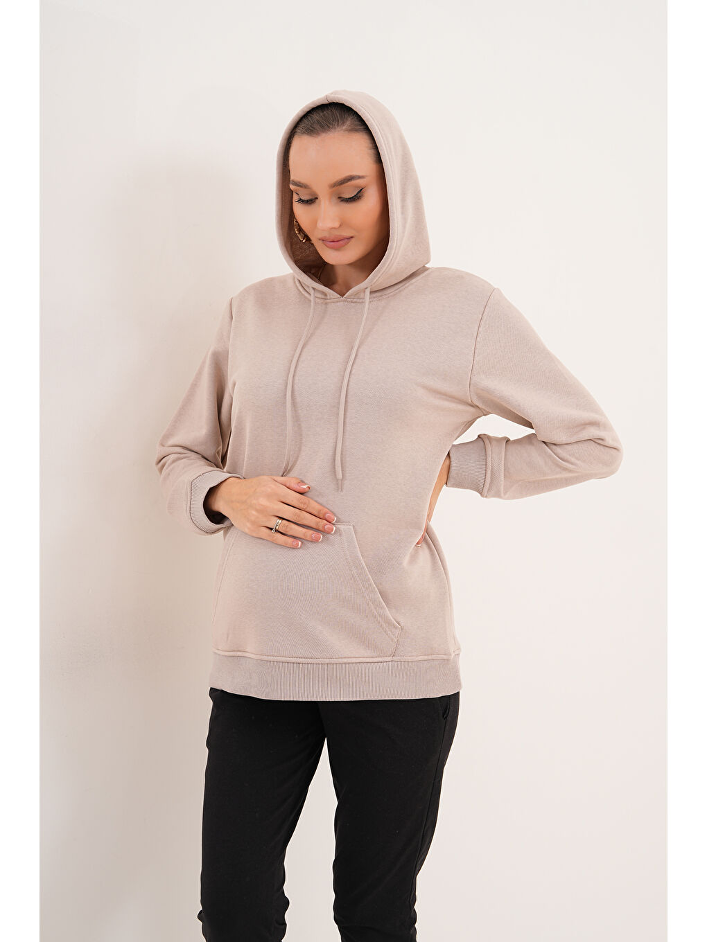 Ekru %100 Pamuk Hamile ve Lohusa Basic Kapüşonlu Sweatshirt-6