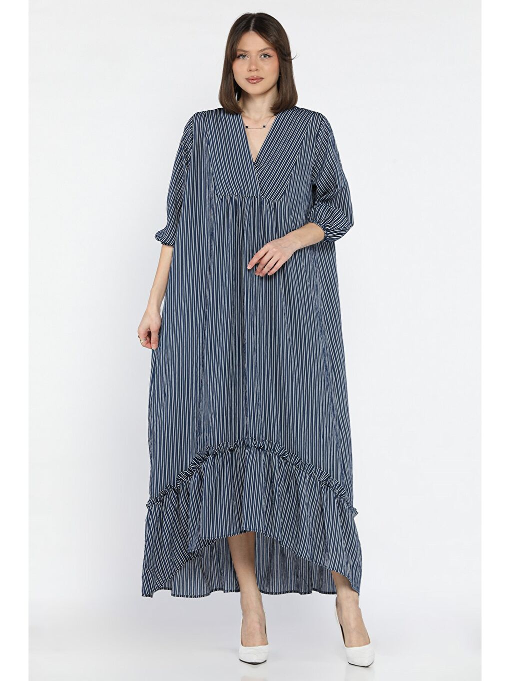 Lacivert Kadın İçlik Kombinli Dökümlü Elbise-1