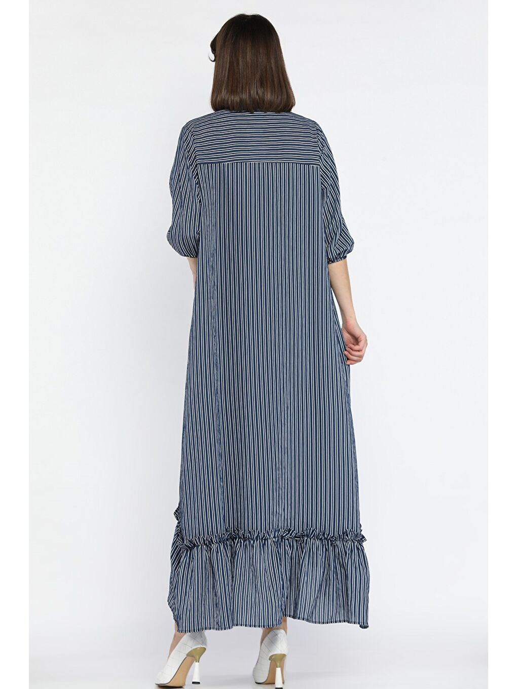 Lacivert Kadın İçlik Kombinli Dökümlü Elbise-2