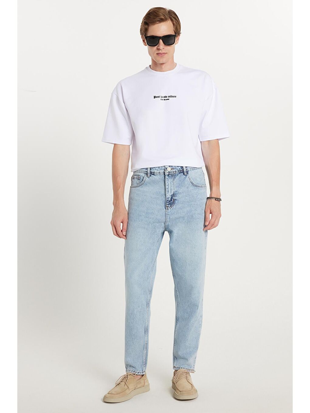 Erkek Relax Fit Geniş Kesim Boru Paça Yıkamalı Taşlamalı Boyfriend Esnek Mavi Jean Pantolon-1