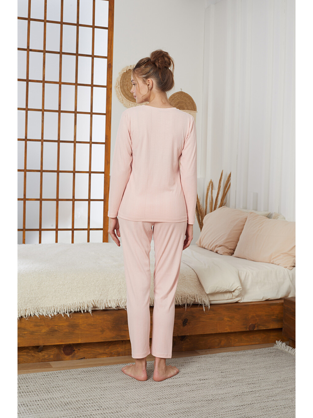 Pembe Somon Love Nakışlı Fitilli Örme Pijama Takım25226001-2