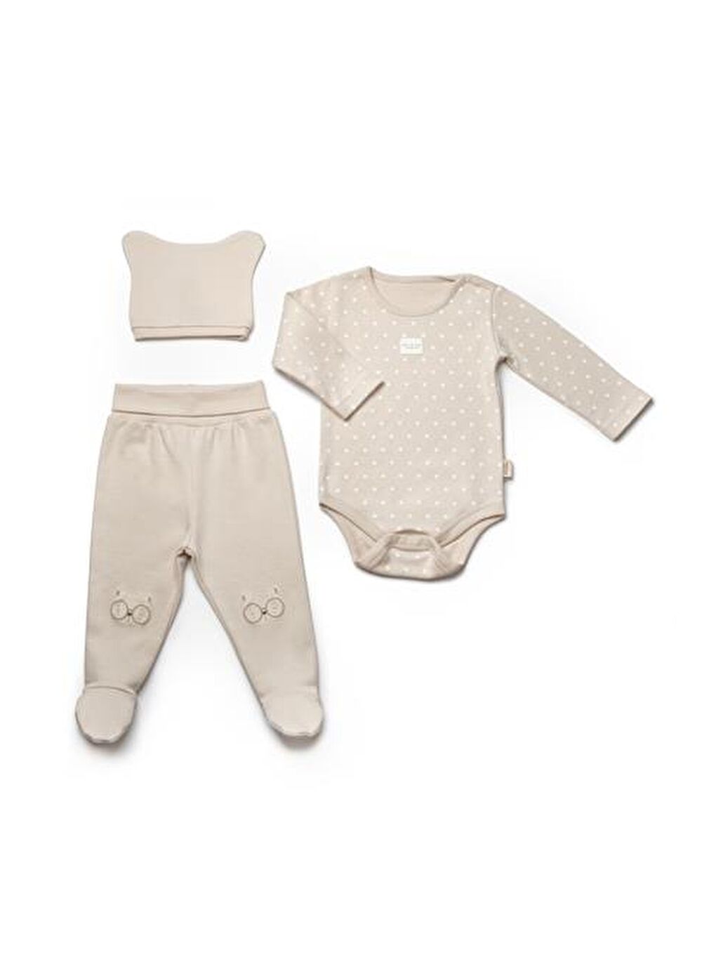 Ekru Bebek 3’lü Takım (Pantolon, Uzun Kol Body, Şapka), %100 Organik Pamuk, Bebek ve Yenidoğan Serisi - C