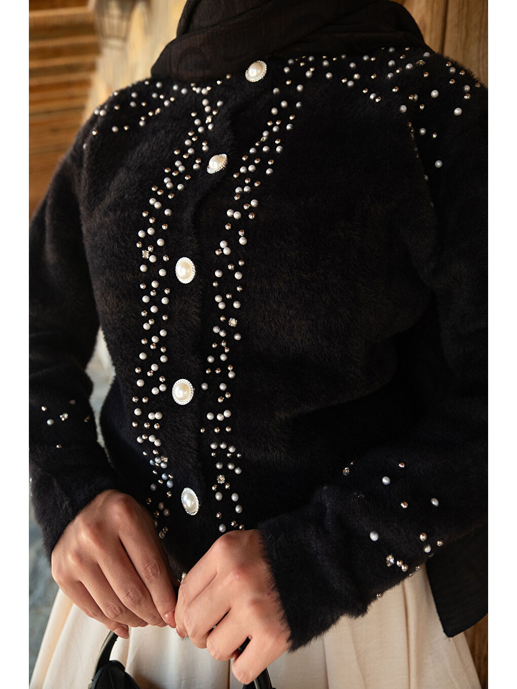 Kadın Taş Detay Triko Ceket Siyah-4