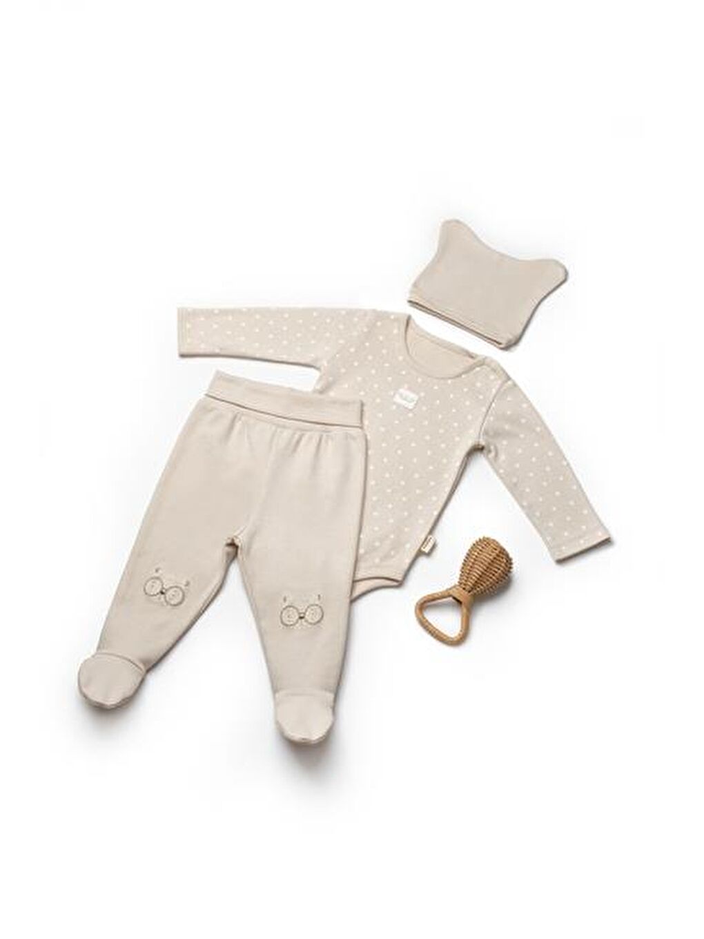 Ekru Bebek 3’lü Takım (Pantolon, Uzun Kol Body, Şapka), %100 Organik Pamuk, Bebek ve Yenidoğan Serisi - C-1
