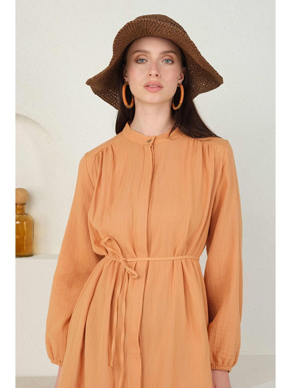 Pembe Uzun Müslin Gömlek Somon-3