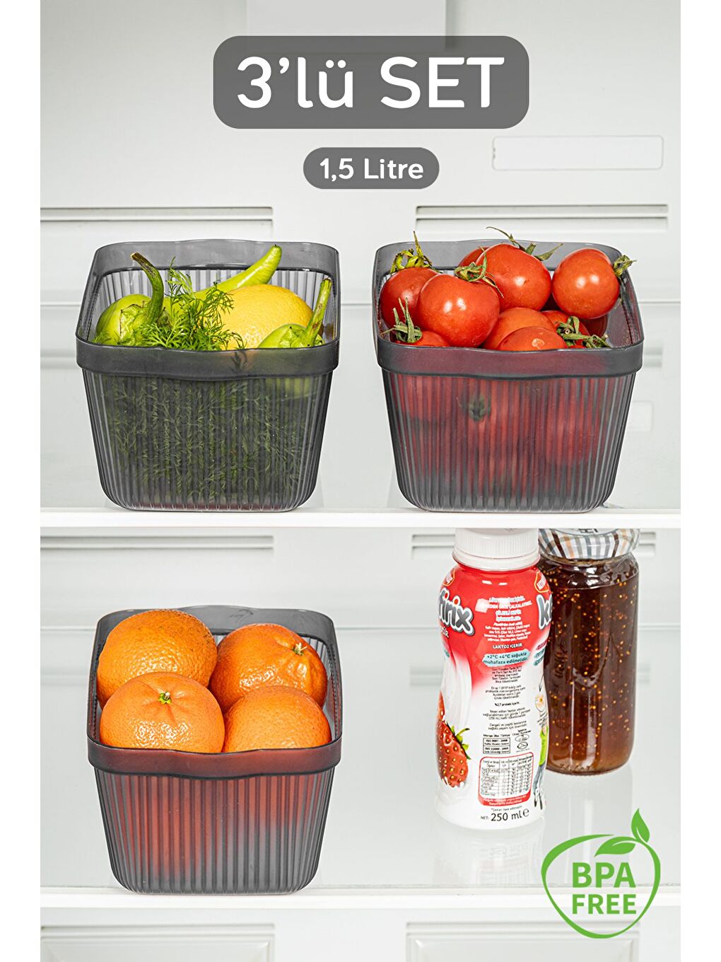 Gri 3'lü Set Perry Mutfak Buzdolabı Derin Dondurucu Kabı Buzdolabı Dolap Erzak Düzenleme 1,5 lt Füme