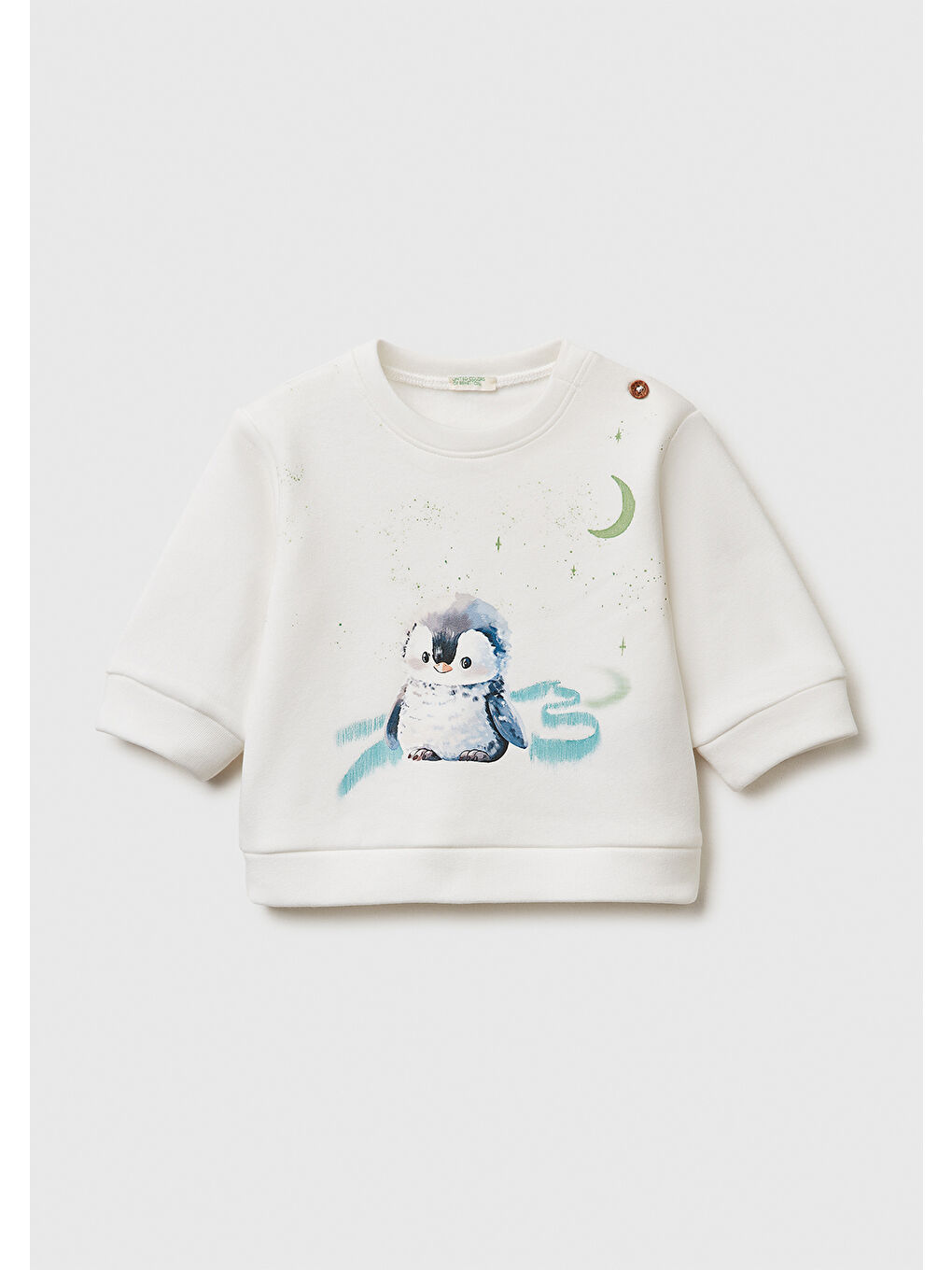 Bebek Ekru Önü Baskılı Omzu Düğmeli Bisiklet Yaka Sweatshirt