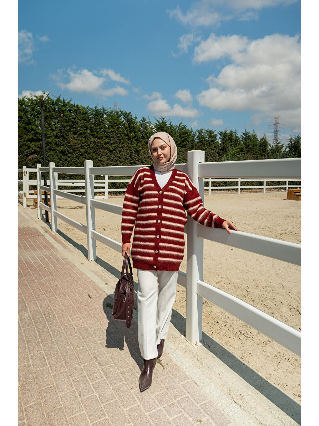 Kadın Çizgili Uzun Triko Ceket Bordo-1