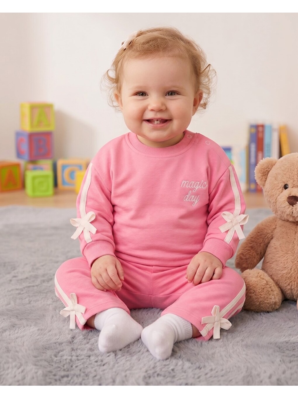 Pembe Kız Bebek Mevimlik Fiyonk Detaylı Nakışlı Mevsimlik Takım-1