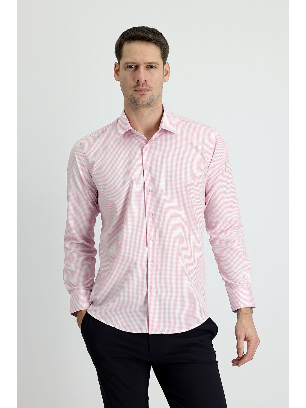 Pembe Uzun Kol Slim Fit Dar Kesim Ekose Pamuklu Gömlek