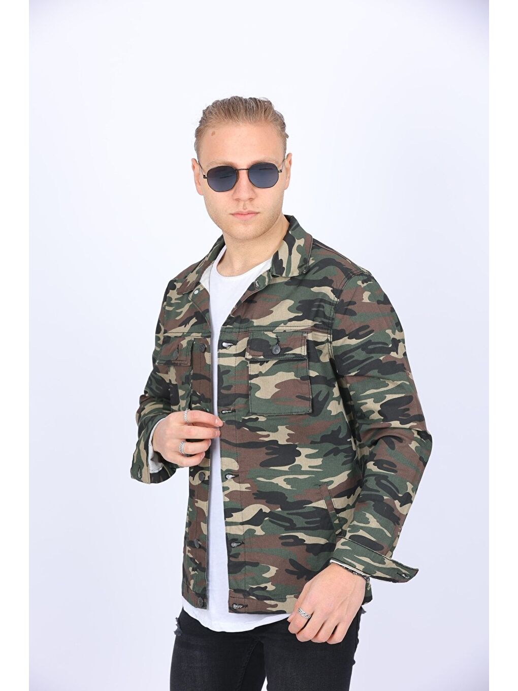 Karışık Erkek Trend Polo Yaka Slim Fit Denim Jeans Askeri Jean Ceket-1