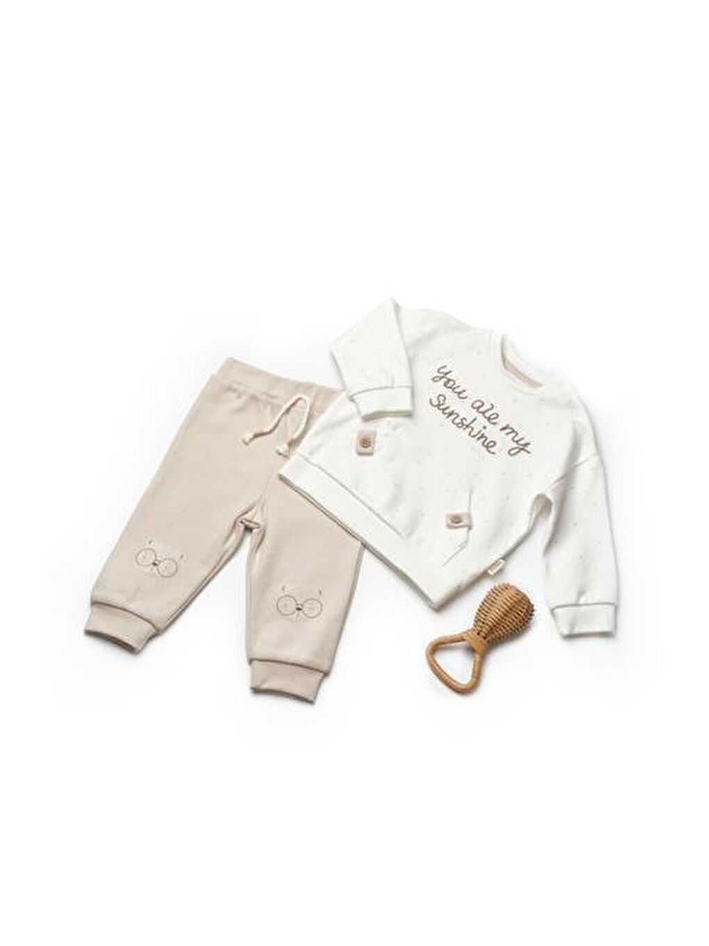 Ekru Bebek Uzun Kollu Tişört ve Pantolon Takımı, %100 Organik Pamuk, Bebek ve Yenidoğan Serisi - CSY8112-1