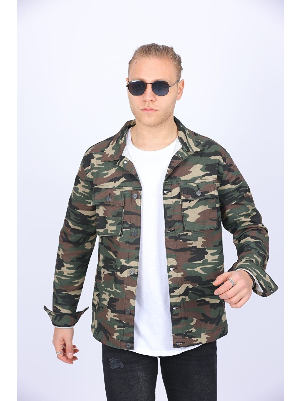 Karışık Erkek Trend Polo Yaka Slim Fit Denim Jeans Askeri Jean Ceket-2