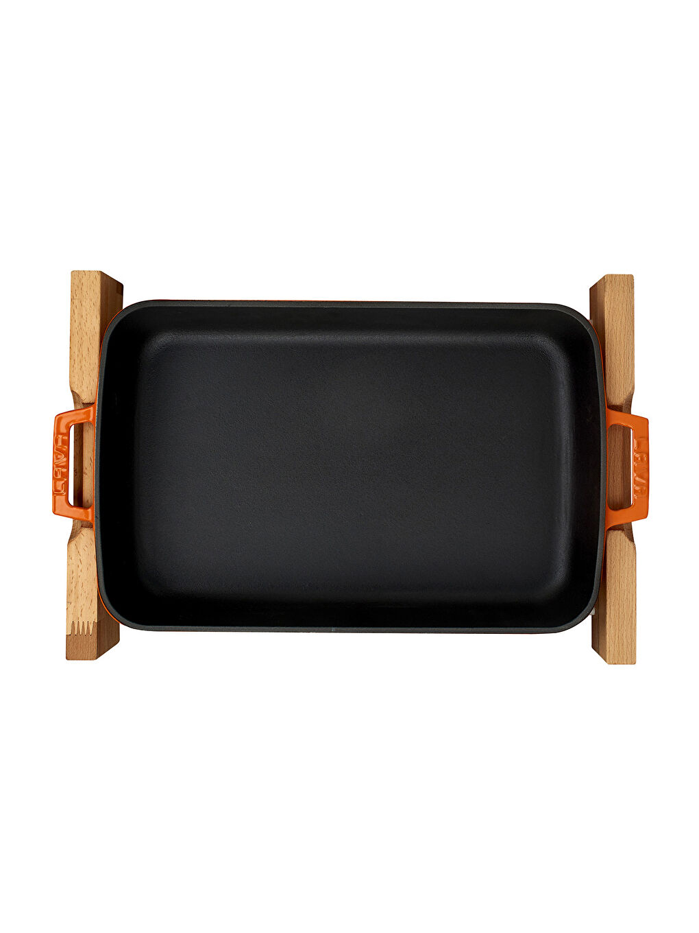 Turuncu Dikdörtgen Rosto ve Fırın Tepsisi Kayın Servis Ahşabı Döküm Demir Yekpare Çift Kulplu Ölçü 22x30cm.-1