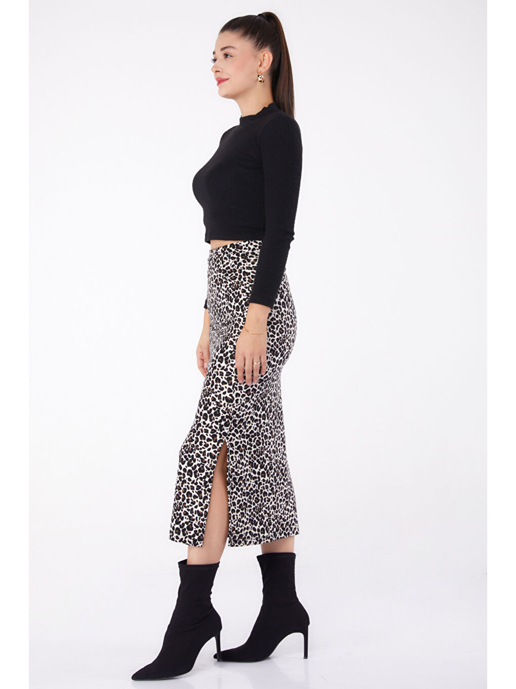 Leopar Desenli Yırtmaçlı Etek Ekru - 26320-3