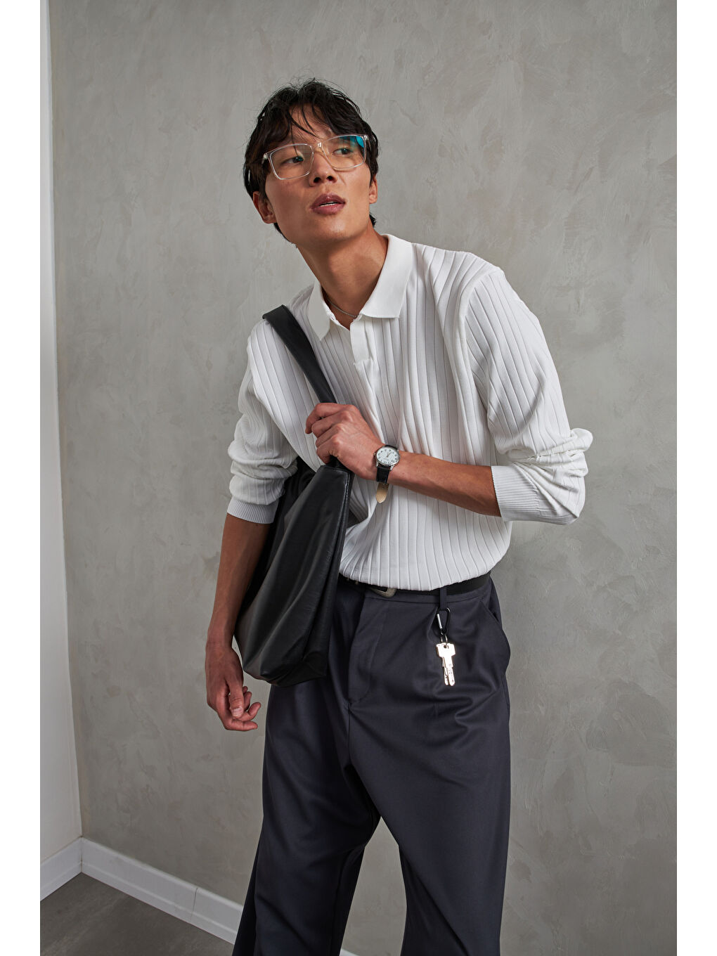 Beyaz Erkek Polo Yaka Fitilli Oversize Triko Kazak-1