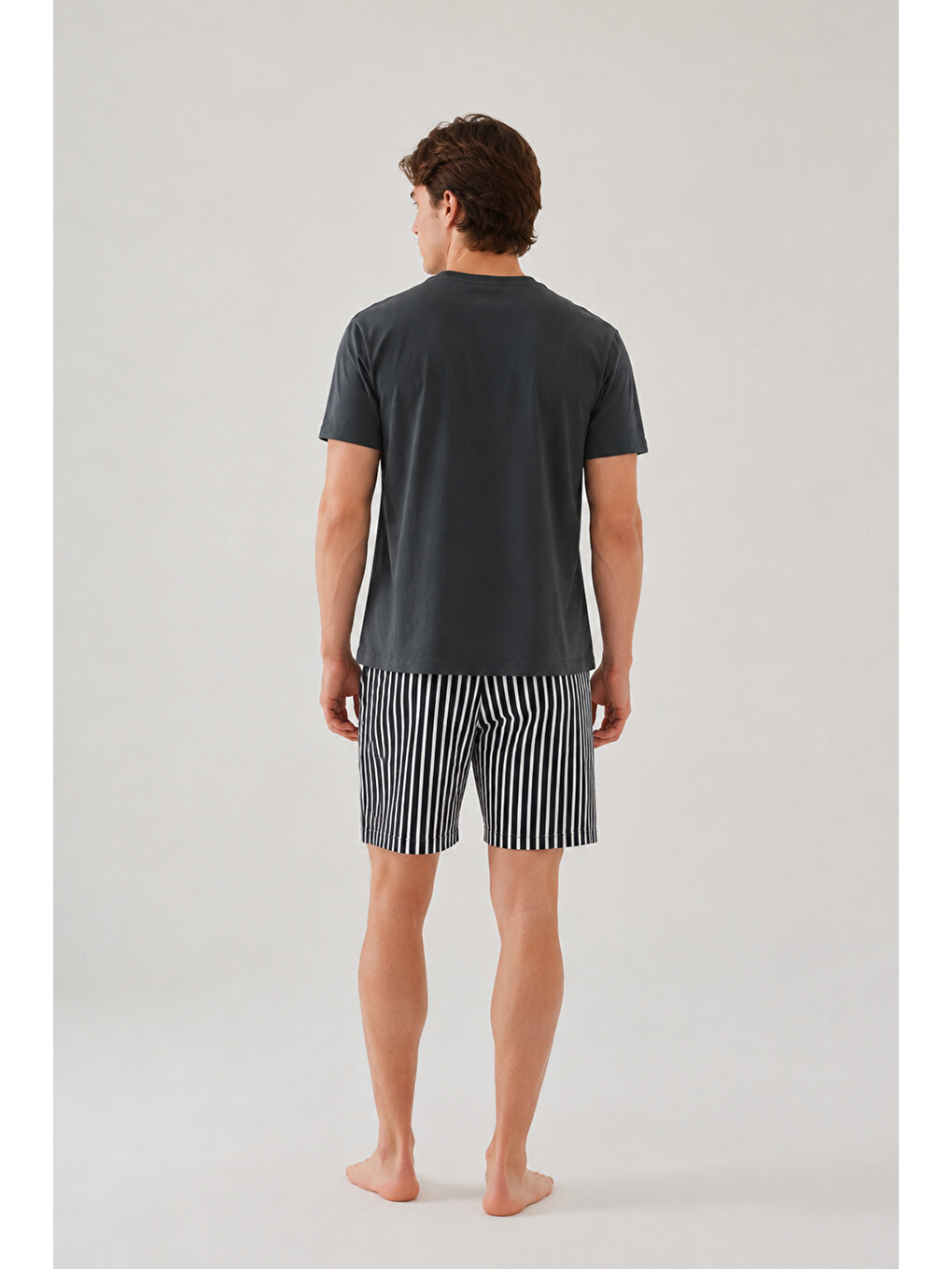 Gri Erkek Pamuklu Mavi Baskılı Cepli Şort Pijama Takımı-3