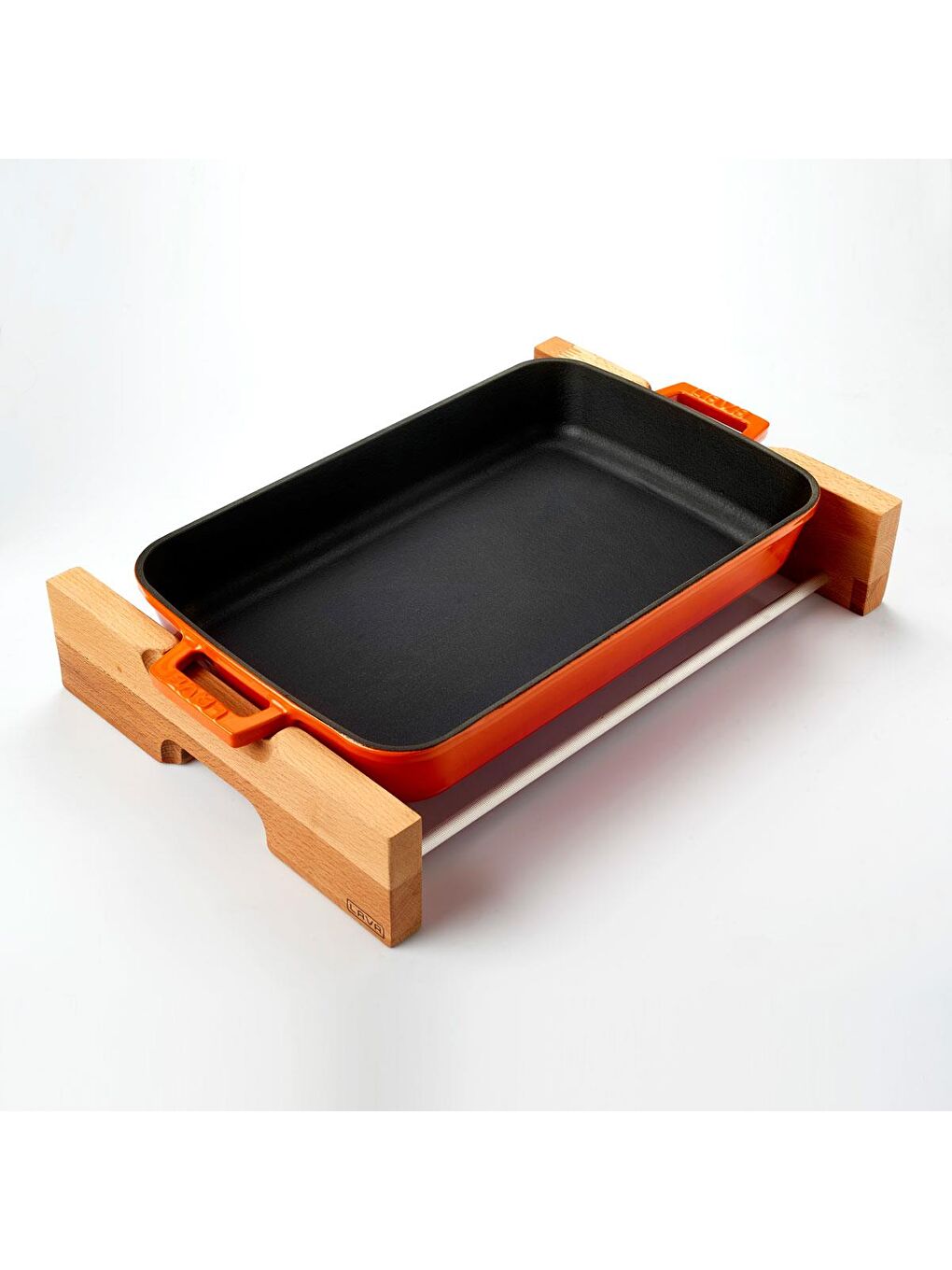 Turuncu Dikdörtgen Rosto ve Fırın Tepsisi Kayın Servis Ahşabı Döküm Demir Yekpare Çift Kulplu Ölçü 22x30cm.-2