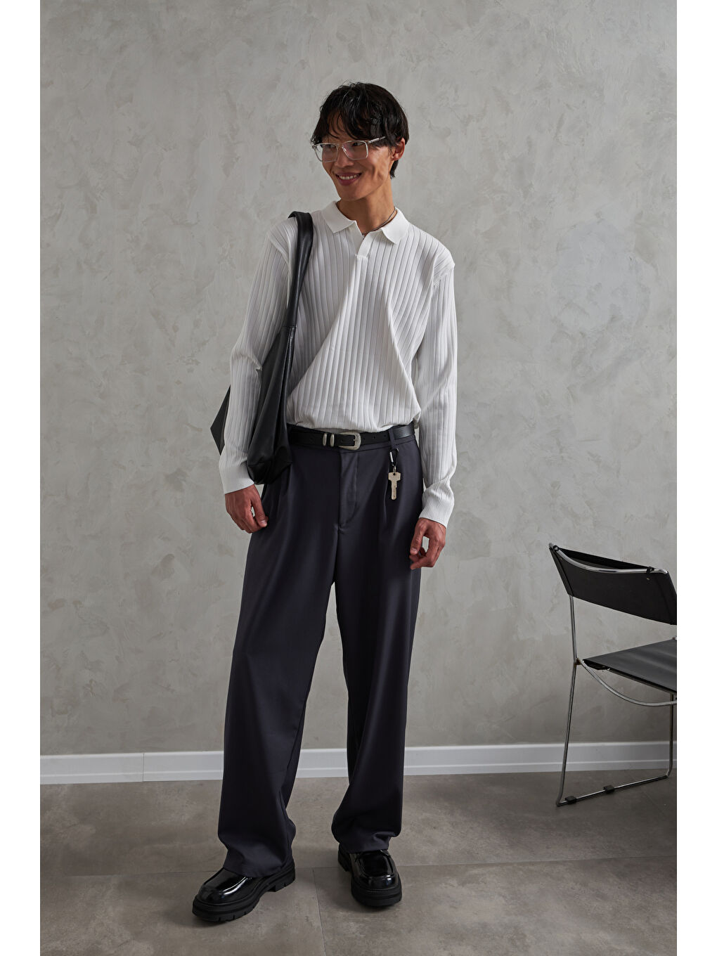 Beyaz Erkek Polo Yaka Fitilli Oversize Triko Kazak-2