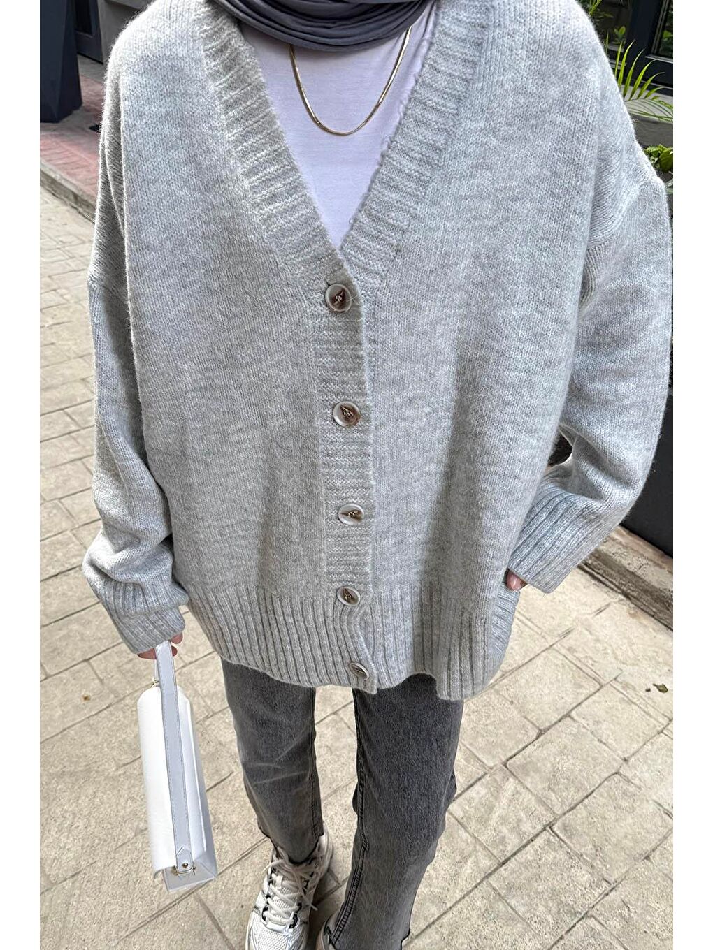 Salaş Dokulu Basic Hırka Gri-2