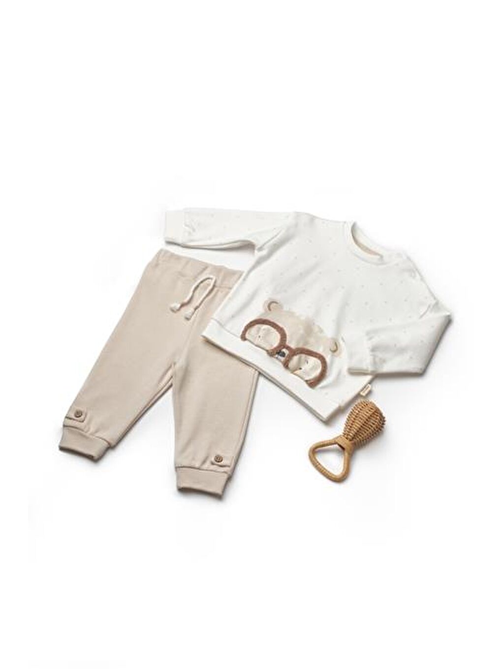 Ekru Bebek Uzun Kollu Tişört ve Pantolon Takımı, %100 Organik Pamuk, Bebek ve Yenidoğan Serisi - CSY8111-1