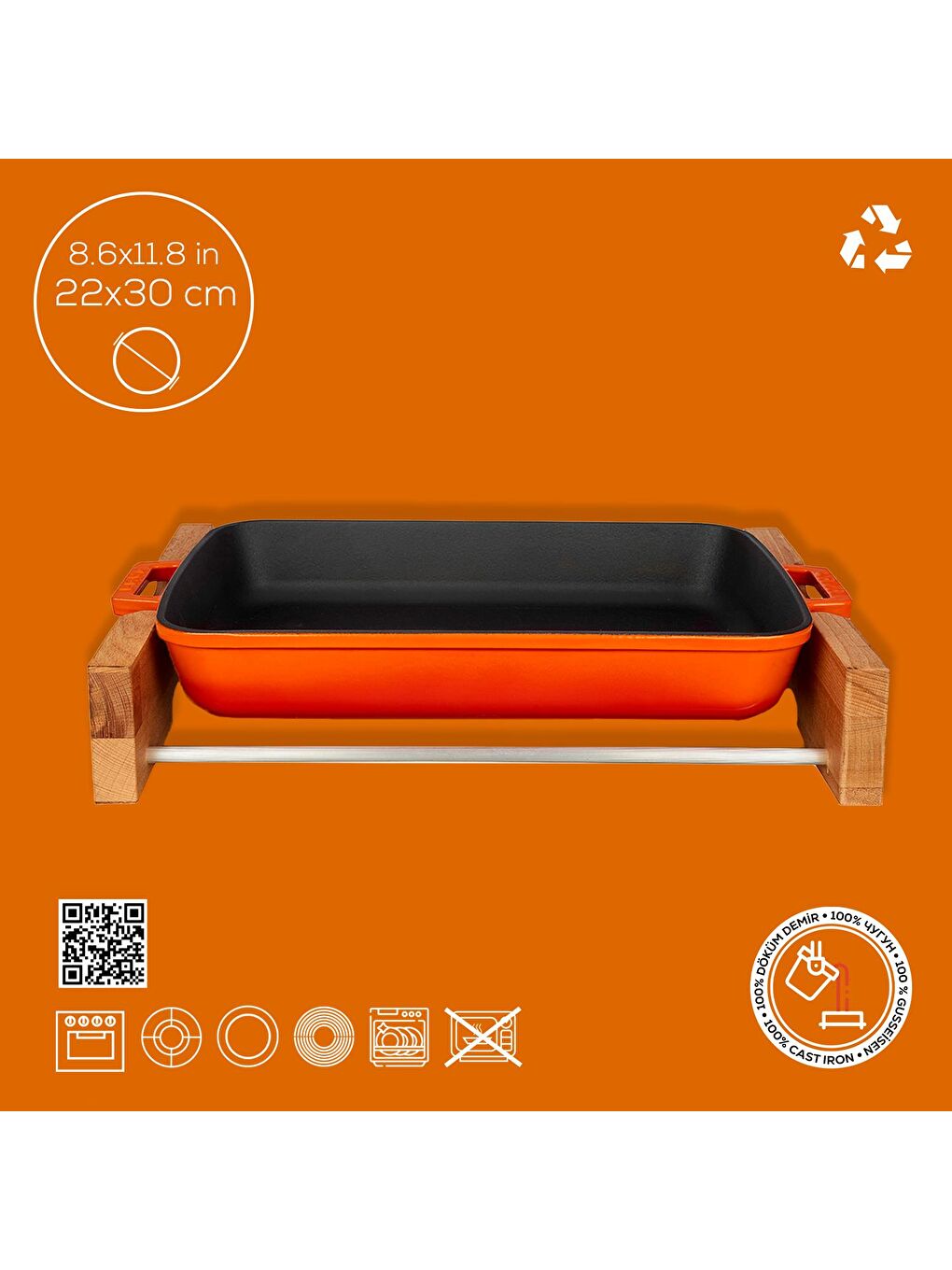 Turuncu Dikdörtgen Rosto ve Fırın Tepsisi Kayın Servis Ahşabı Döküm Demir Yekpare Çift Kulplu Ölçü 22x30cm.-3