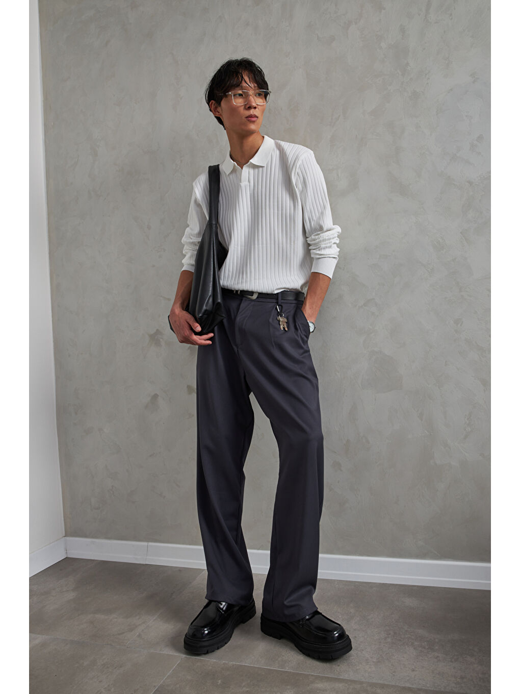 Beyaz Erkek Polo Yaka Fitilli Oversize Triko Kazak-3