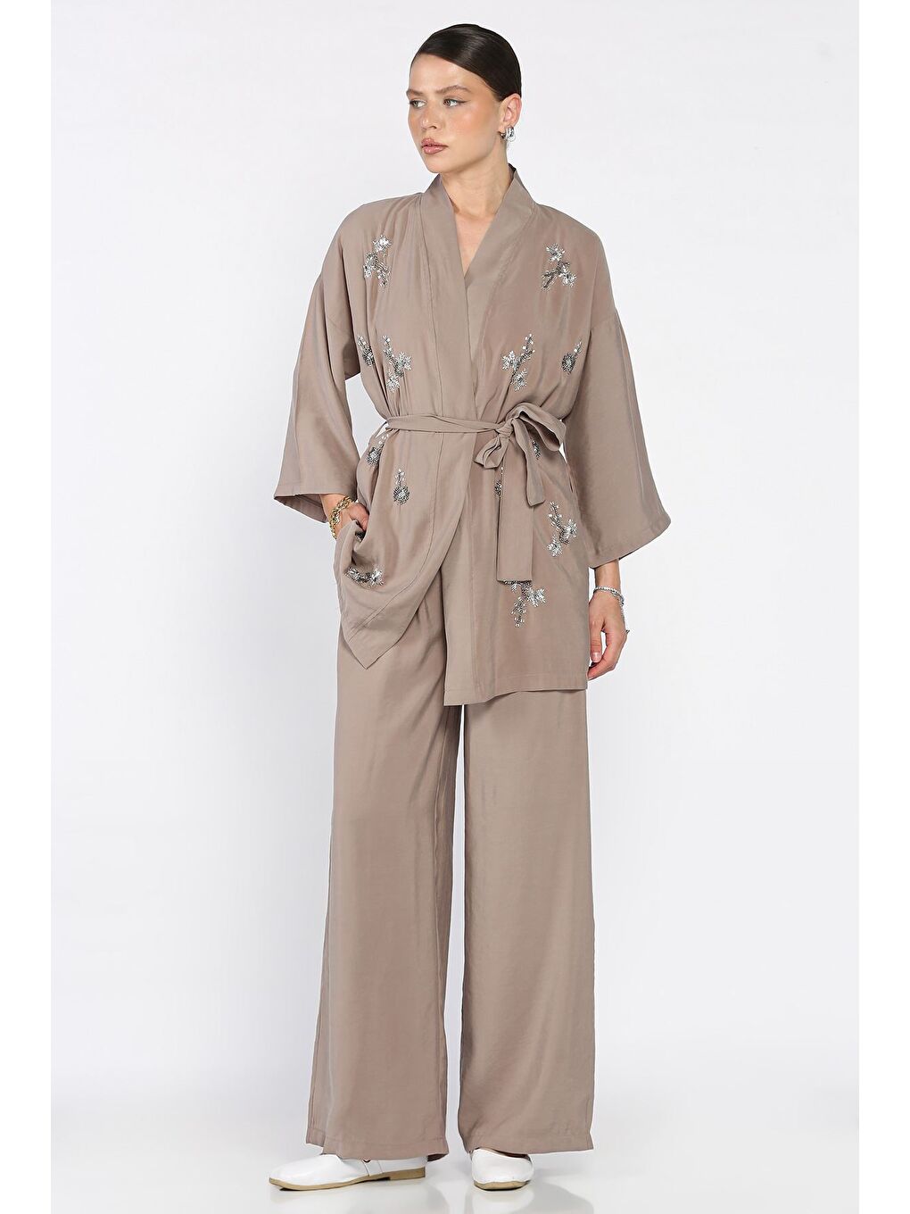 Bej Taşlı Kimono Pantolon İkili Takım-1