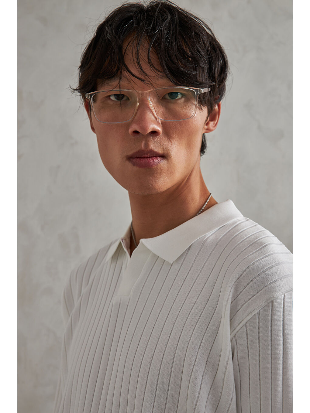 Beyaz Erkek Polo Yaka Fitilli Oversize Triko Kazak-4