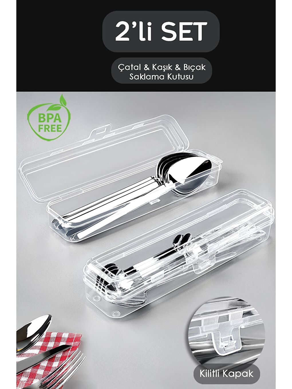Renksiz 2'li Çatal Bıçak Kaşık Takımı Saklama Kutusu Seti