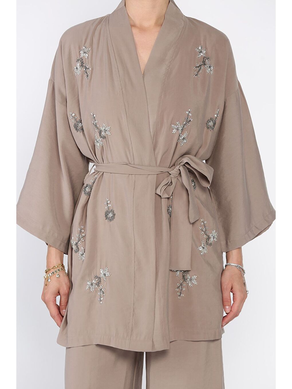 Bej Taşlı Kimono Pantolon İkili Takım-3