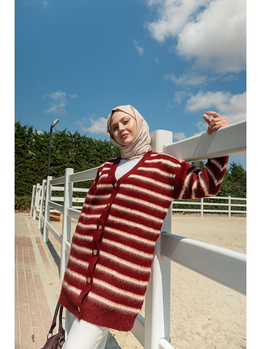 Kadın Çizgili Uzun Triko Ceket Bordo-2