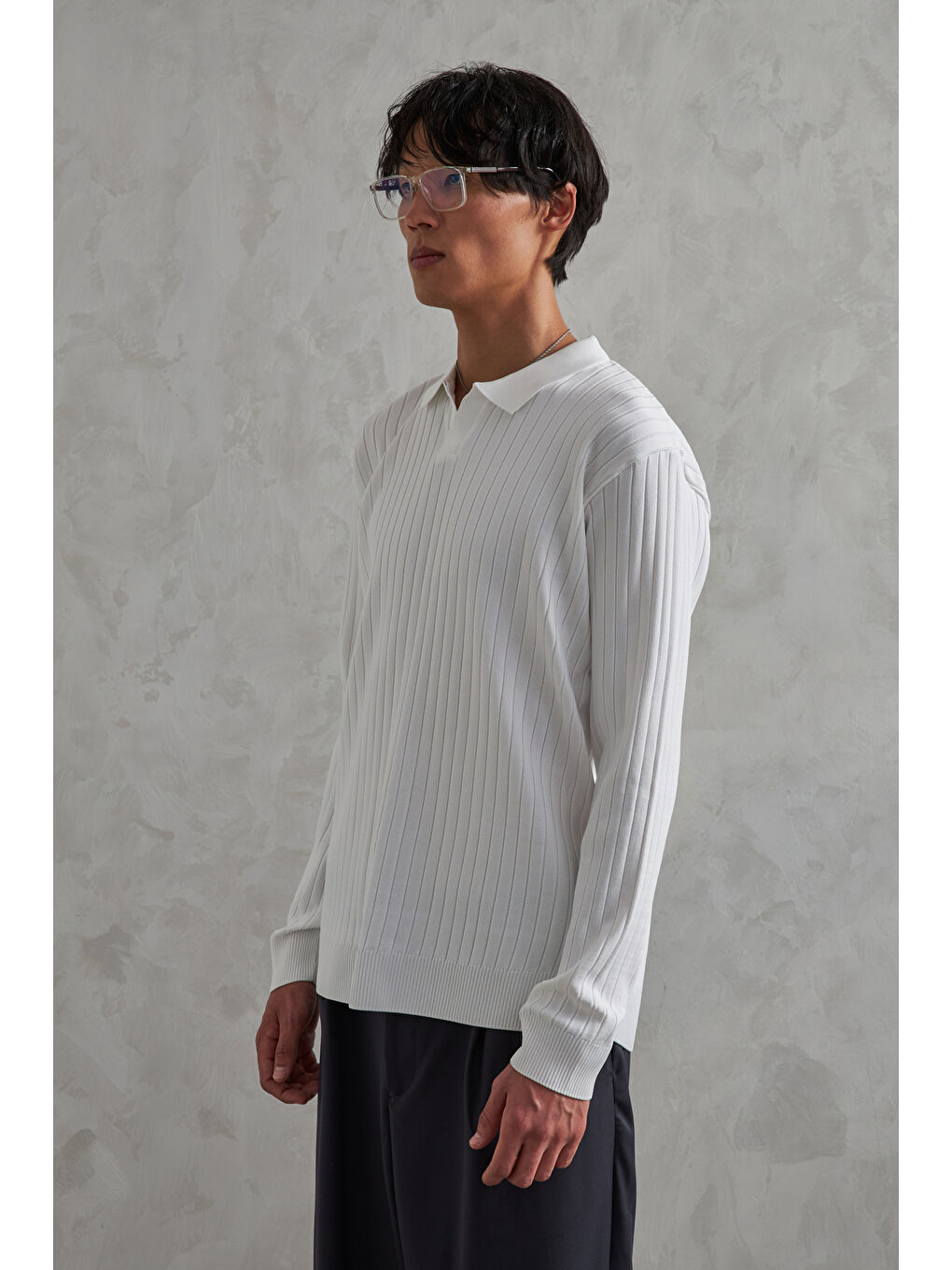 Beyaz Erkek Polo Yaka Fitilli Oversize Triko Kazak-5