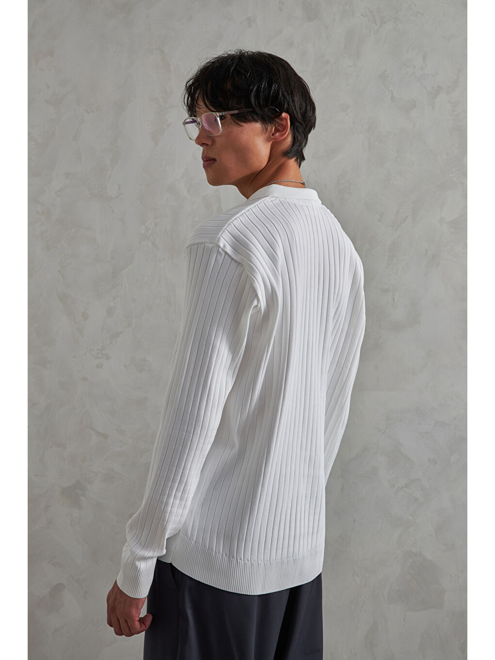 Beyaz Erkek Polo Yaka Fitilli Oversize Triko Kazak-6