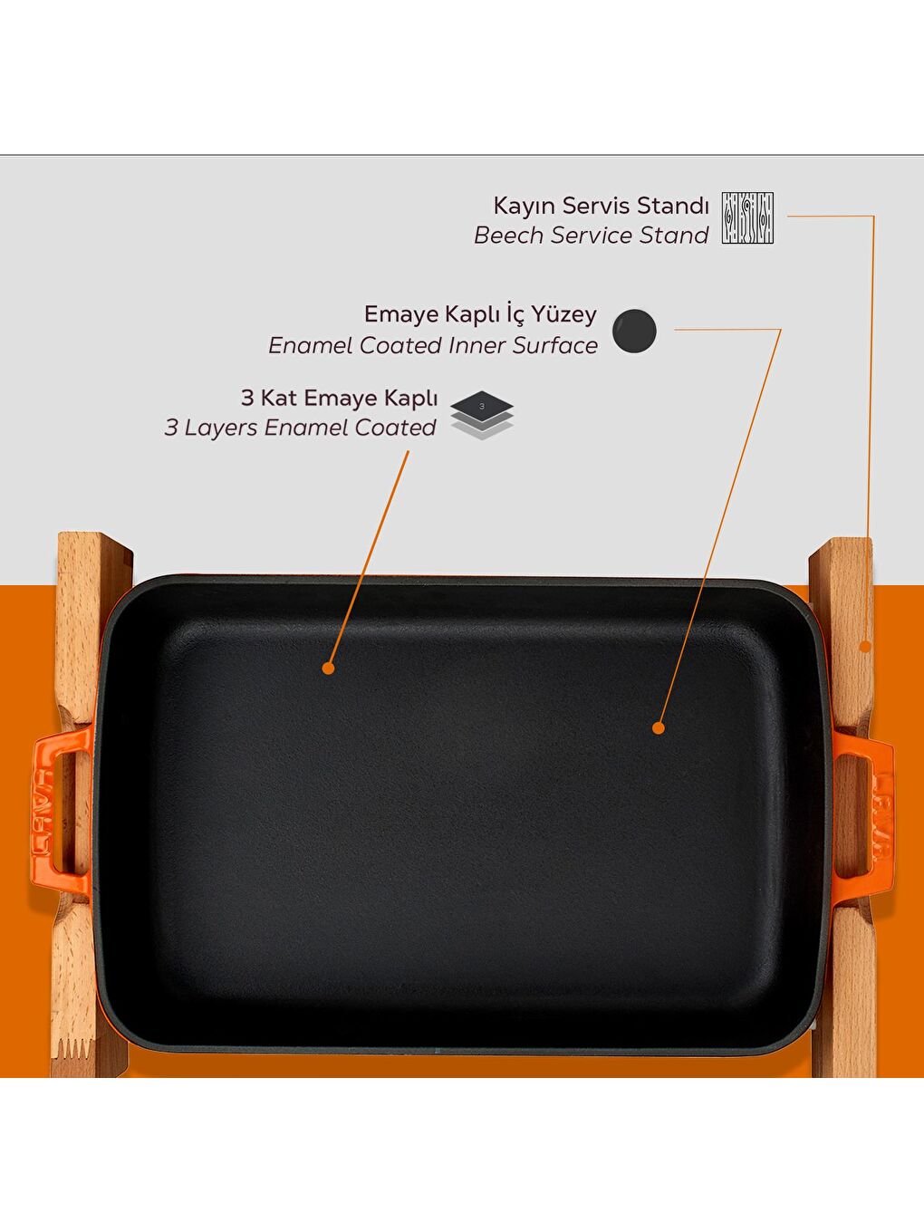 Turuncu Dikdörtgen Rosto ve Fırın Tepsisi Kayın Servis Ahşabı Döküm Demir Yekpare Çift Kulplu Ölçü 22x30cm.-5