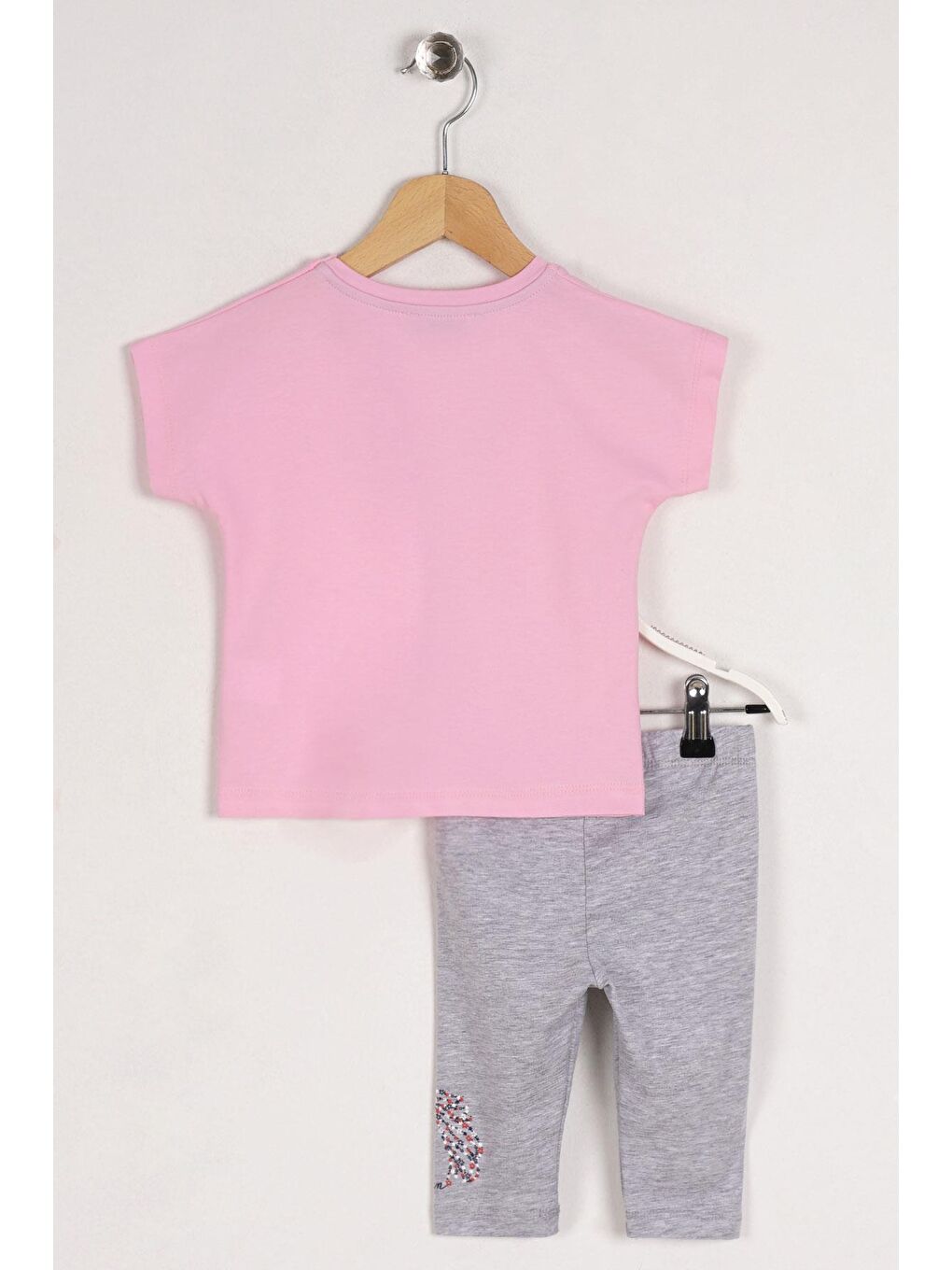 Bisiklet Yaka Yarım Kol Pembe Gri Renk Kız Çocuk Taytlı Takım-1